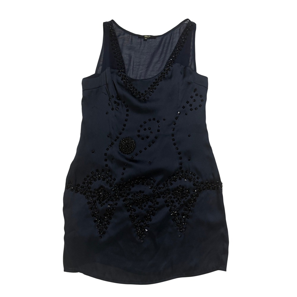 Black Beaded Sleeveless Tunic Top Navy Blue Sheer Overlay Women's Medium Y2K